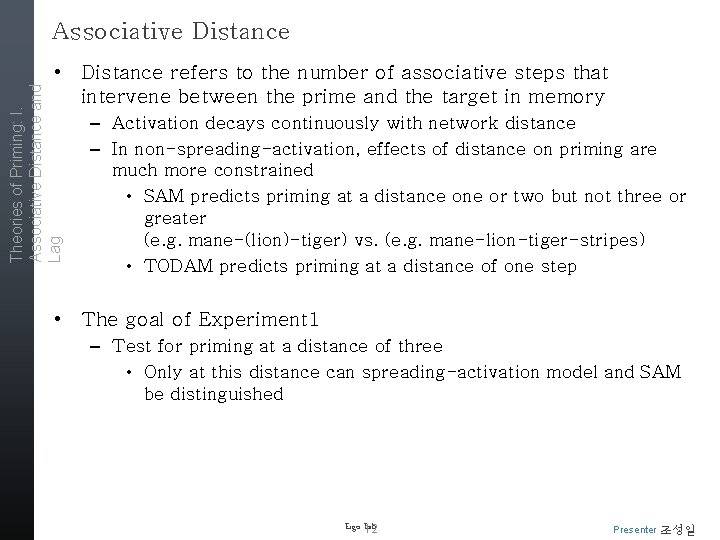 Associative Distance Theories of Priming: I. Associative Distance and Lag • Distance refers to