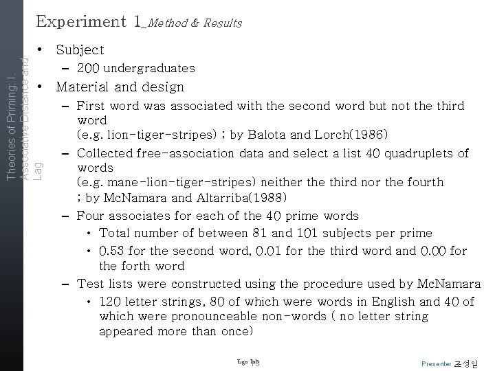 Experiment 1_Method & Results Theories of Priming: I. Associative Distance and Lag • Subject