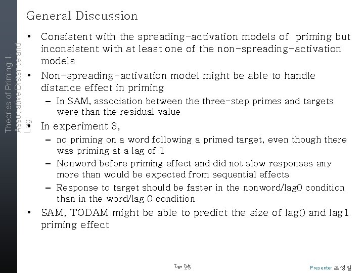 General Discussion Theories of Priming: I. Associative Distance and Lag • Consistent with the