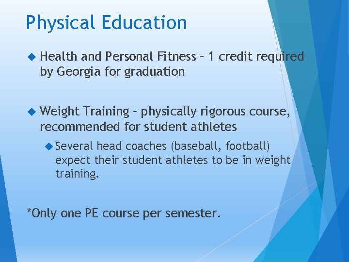 Physical Education Health and Personal Fitness – 1 credit required by Georgia for graduation