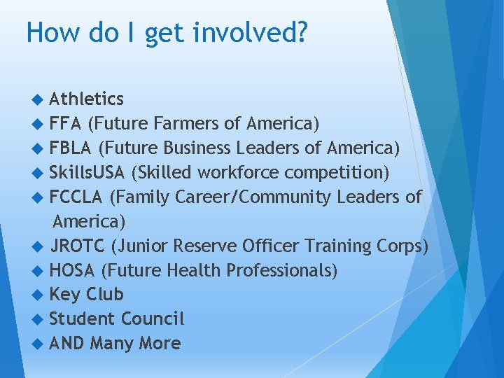 How do I get involved? Athletics FFA (Future Farmers of America) FBLA (Future Business