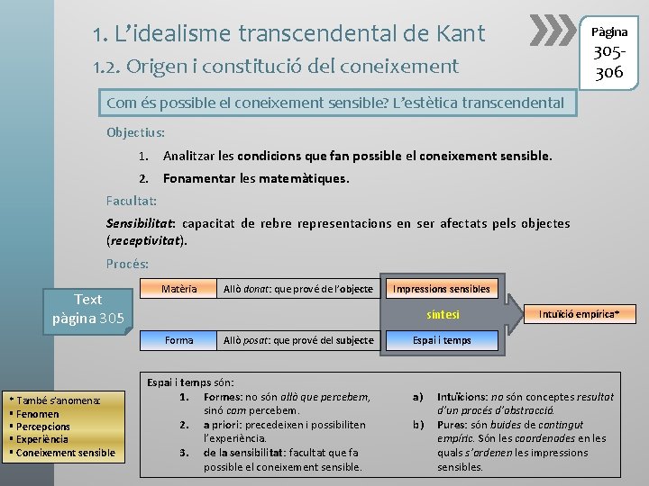 1. L’idealisme transcendental de Kant Pàgina 305306 1. 2. Origen i constitució del coneixement