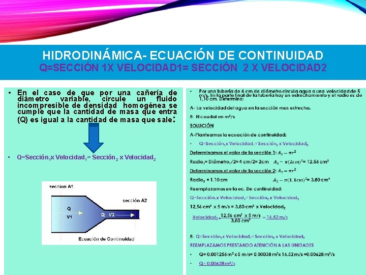 HIDRODINÁMICA- ECUACIÓN DE CONTINUIDAD Q=SECCIÓN 1 X VELOCIDAD 1= SECCIÓN 2 X VELOCIDAD 2