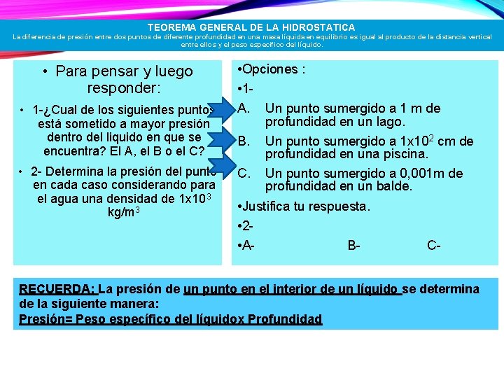 TEOREMA GENERAL DE LA HIDROSTATICA La diferencia de presión entre dos puntos de diferente