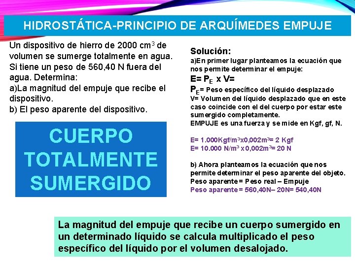 HIDROSTÁTICA-PRINCIPIO DE ARQUÍMEDES EMPUJE Un dispositivo de hierro de 2000 cm 3 de volumen