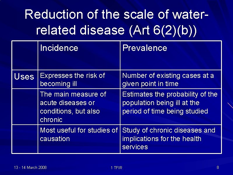 Reduction of the scale of waterrelated disease (Art 6(2)(b)) Uses Incidence Prevalence Expresses the