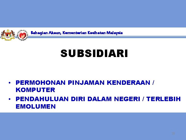 Bahagian Akaun, Kementerian Kesihatan Malaysia SUBSIDIARI • PERMOHONAN PINJAMAN KENDERAAN / KOMPUTER • PENDAHULUAN
