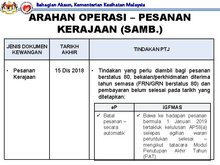 Bahagian Akaun, Kementerian Kesihatan Malaysia ARAHAN OPERASI – PESANAN KERAJAAN (SAMB. ) JENIS DOKUMEN