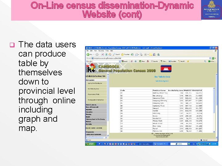 On-Line census dissemination-Dynamic Website (cont) q The data users can produce table by themselves