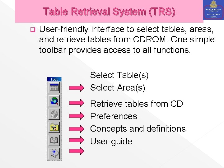 Table Retrieval System (TRS) q User-friendly interface to select tables, areas, and retrieve tables