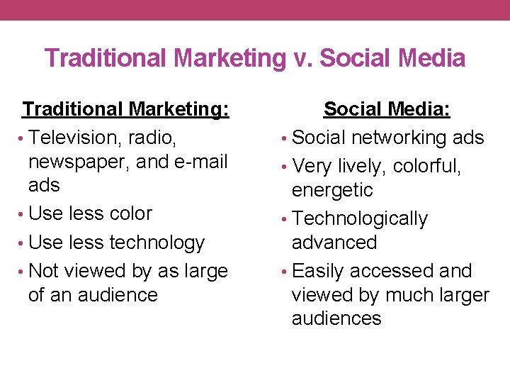 Traditional Marketing v. Social Media Traditional Marketing: • Television, radio, newspaper, and e-mail ads