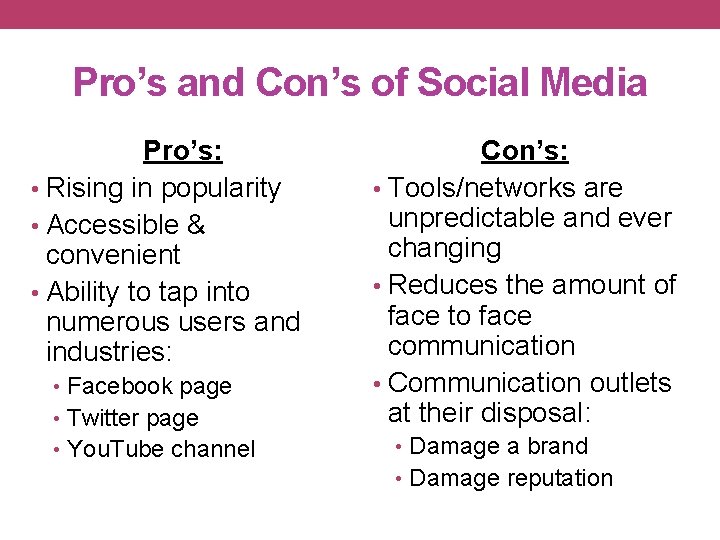 Pro’s and Con’s of Social Media Pro’s: • Rising in popularity • Accessible &