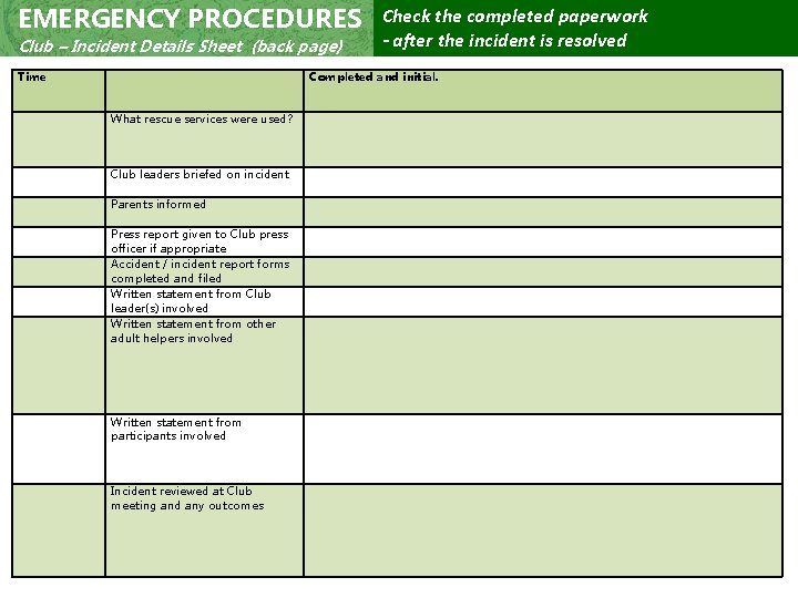 EMERGENCY PROCEDURES Club – Incident Details Sheet (back page) Time Check the completed paperwork