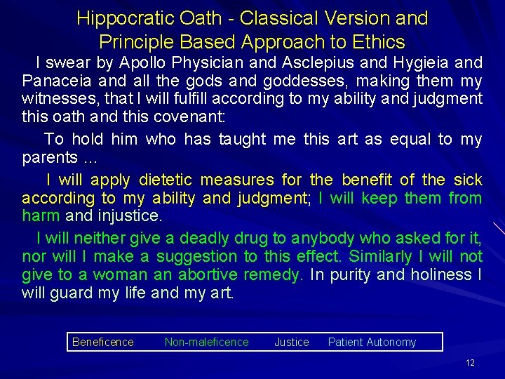 Hippocratic Oath - Classical Version and Principle Based Approach to Ethics I swear by Hippocratic Oath - Classical Version and Principle Based Approach to Ethics I swear by