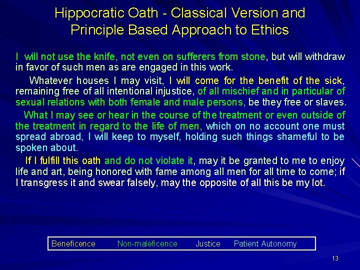 Hippocratic Oath - Classical Version and Principle Based Approach to Ethics I will not Hippocratic Oath - Classical Version and Principle Based Approach to Ethics I will not