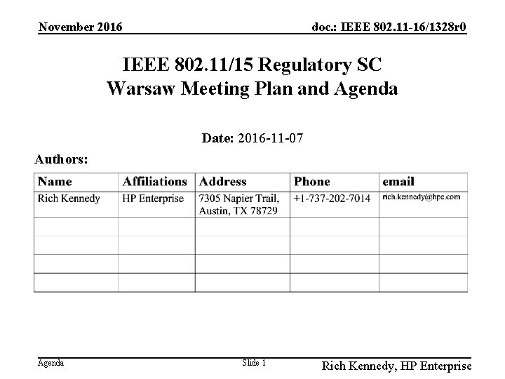 November 2016 doc. : IEEE 802. 11 -16/1328 r 0 IEEE 802. 11/15 Regulatory