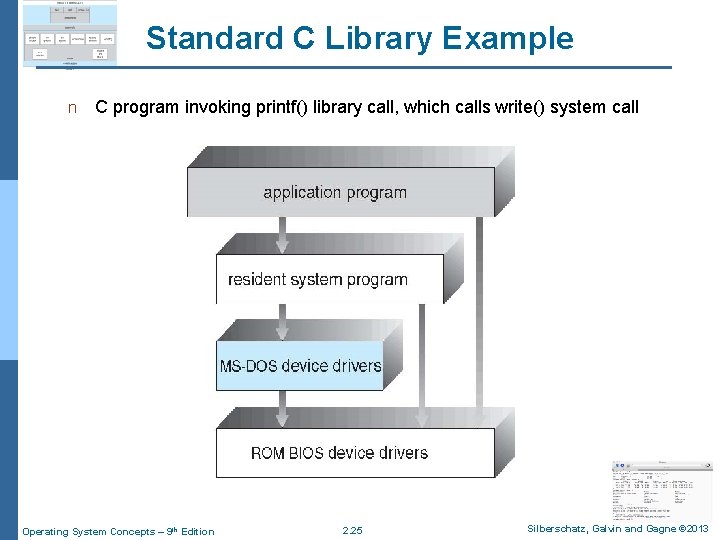 Standard C Library Example n C program invoking printf() library call, which calls write()