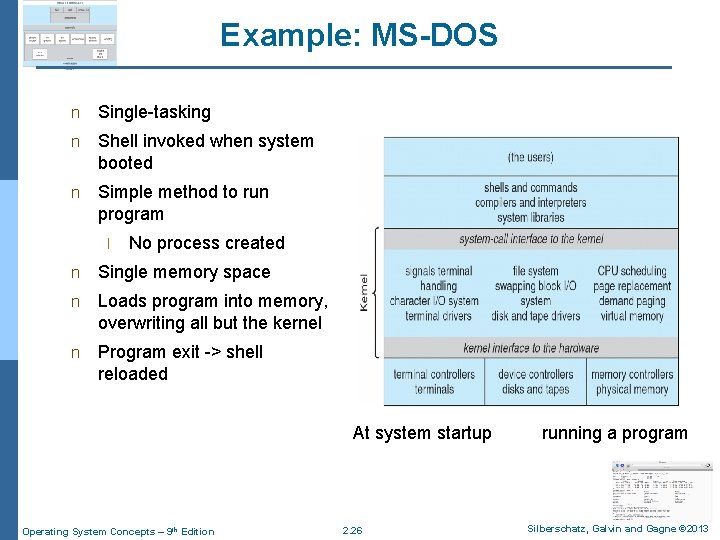 Example: MS-DOS n Single-tasking n Shell invoked when system booted n Simple method to