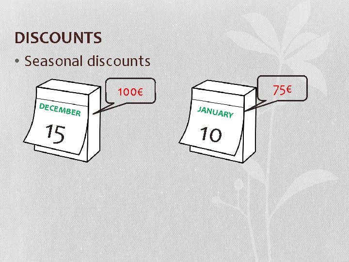 DISCOUNTS • Seasonal discounts 75€ 100€ DECEM 15 BER JANUA 10 RY 