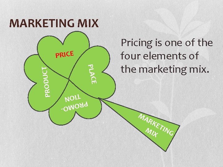 MARKETING MIX PRICE O PROM TION PRODUCT PLACE Pricing is one of the four