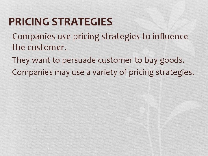 PRICING STRATEGIES Companies use pricing strategies to influence the customer. They want to persuade