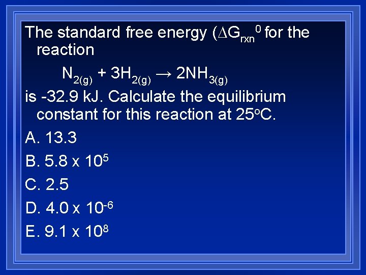 The standard free energy ( Grxn 0 for the reaction N 2(g) + 3