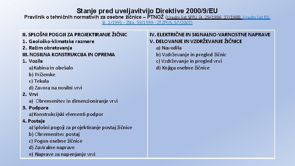 Stanje pred uveljavitvijo Direktive 2000/9/EU Pravilnik o tehničnih normativih za osebne žičnice – PTNOŽ