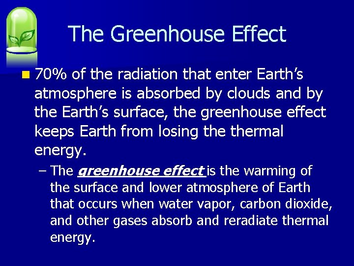 The Greenhouse Effect n 70% of the radiation that enter Earth’s atmosphere is absorbed