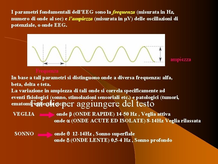 I parametri fondamentali dell’EEG sono la frequenza (misurata in Hz, numero di onde al