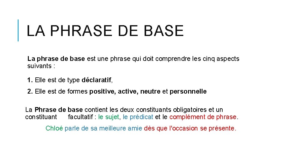 LA PHRASE DE BASE La phrase de base est une phrase qui doit comprendre