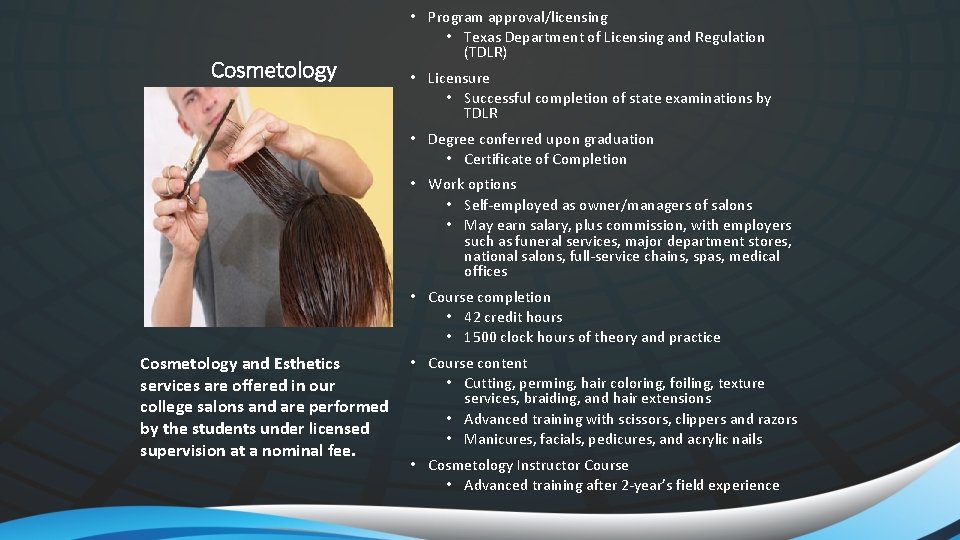 Cosmetology • Program approval/licensing • Texas Department of Licensing and Regulation (TDLR) • Licensure