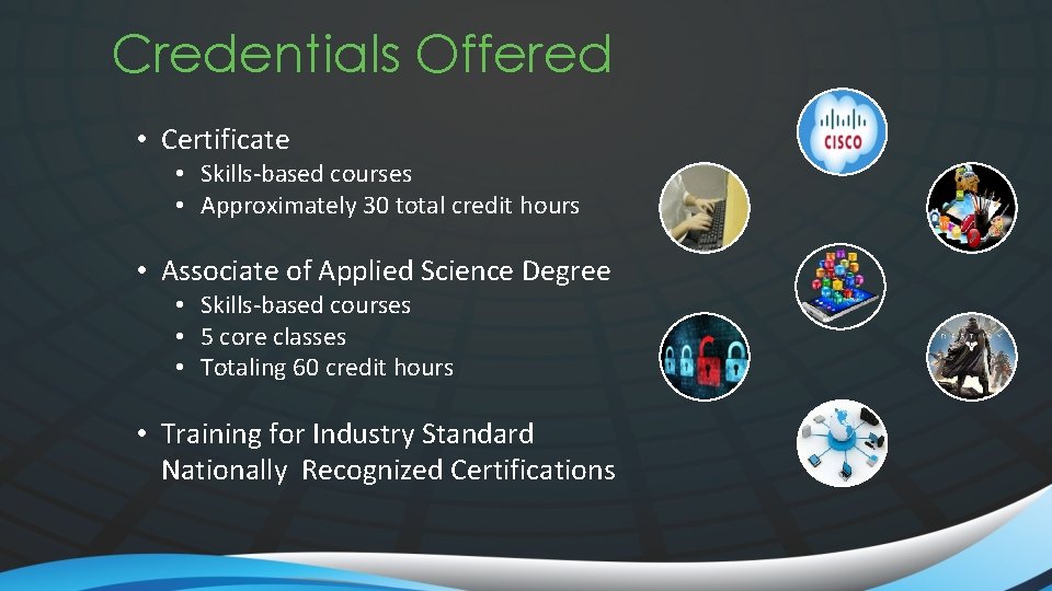 Credentials Offered • Certificate • Skills-based courses • Approximately 30 total credit hours •