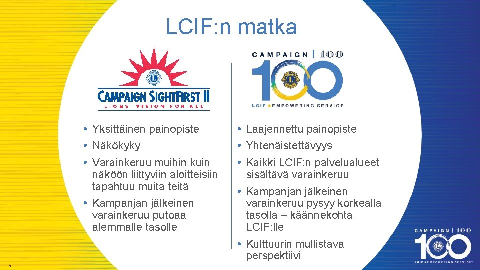 LCIF: n matka • Yksittäinen painopiste • Näkökyky • Varainkeruu muihin kuin näköön liittyviin