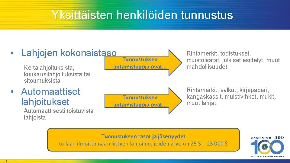 Yksittäisten henkilöiden tunnustus • Lahjojen kokonaistaso Kertalahjoituksista, kuukausilahjoituksista tai sitoumuksista • Automaattiset lahjoitukset Automaattisesti