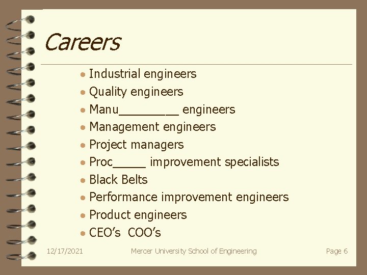 Careers · Industrial engineers · Quality engineers · Manu_____ engineers · Management engineers ·
