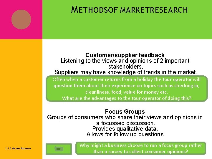 M ETHODS OF MARKET RESEARCH Customer/supplier feedback Listening to the views and opinions of