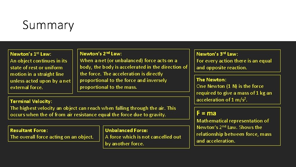 Summary Newton’s 1 st Law: An object continues in its state of rest or