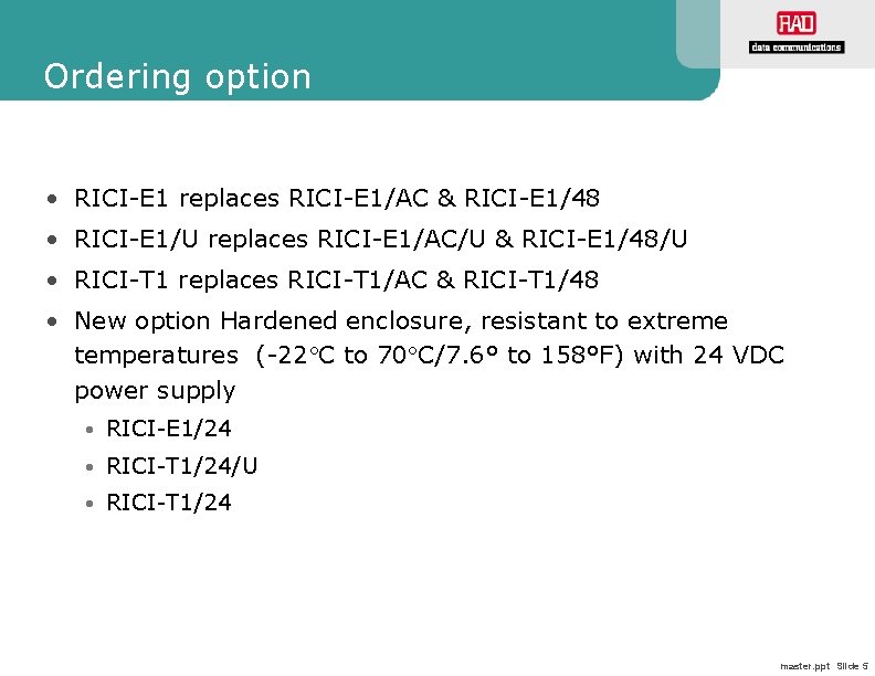 Ordering option • RICI-E 1 replaces RICI-E 1/AC & RICI-E 1/48 • RICI-E 1/U