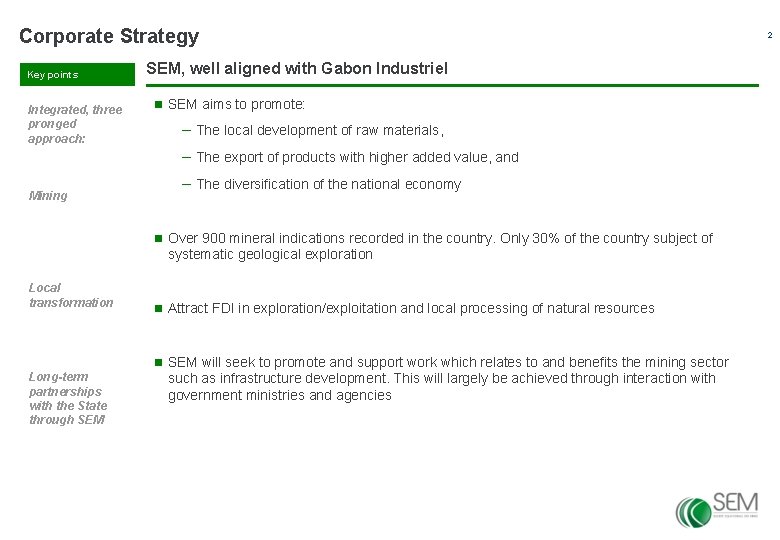 Corporate Strategy Key points Integrated, three pronged approach: SEM, well aligned with Gabon Industriel