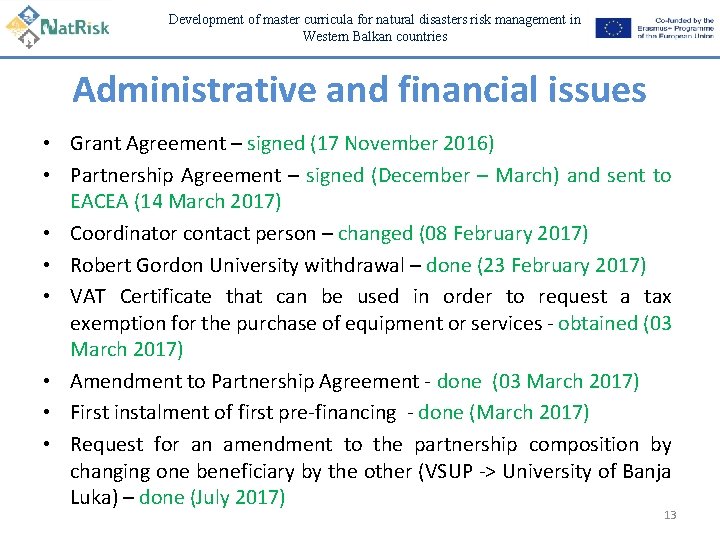 Development of master curricula for natural disasters risk management in Western Balkan countries Administrative