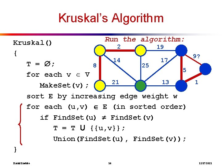 Kruskal’s Algorithm Run the algorithm: Kruskal() 2 19 { 9? 14 17 T =