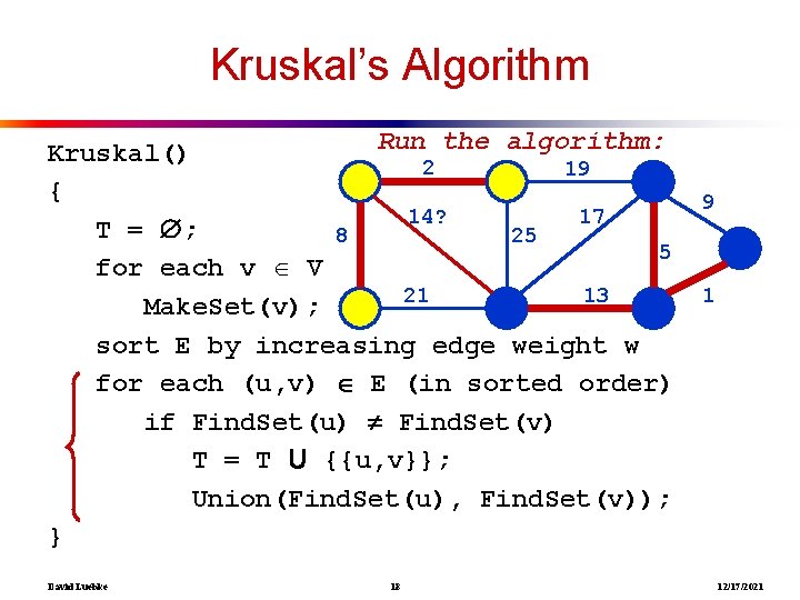 Kruskal’s Algorithm Run the algorithm: Kruskal() 2 19 { 14? 17 T = ;