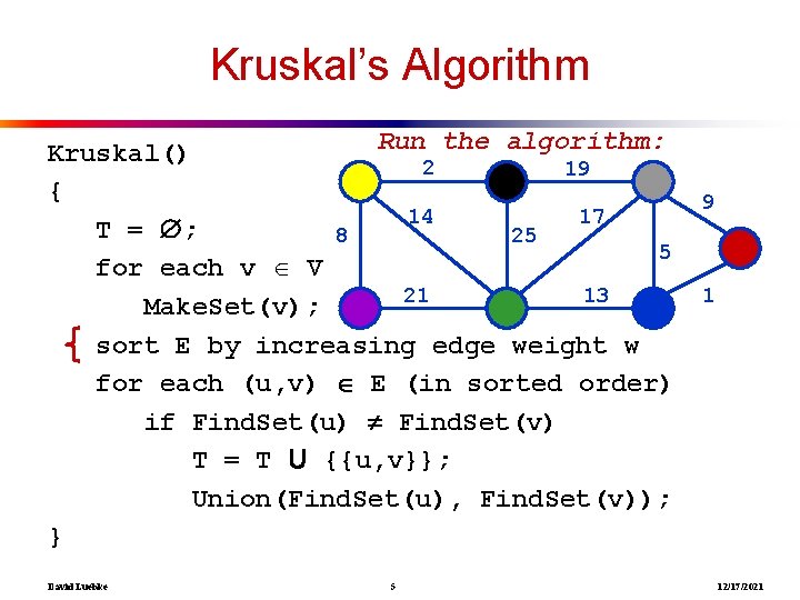 Kruskal’s Algorithm Run the algorithm: Kruskal() 2 19 { 14 17 T = ;