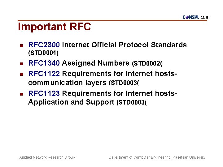 22/16 Important RFC n RFC 2300 Internet Official Protocol Standards (STD 0001( n n