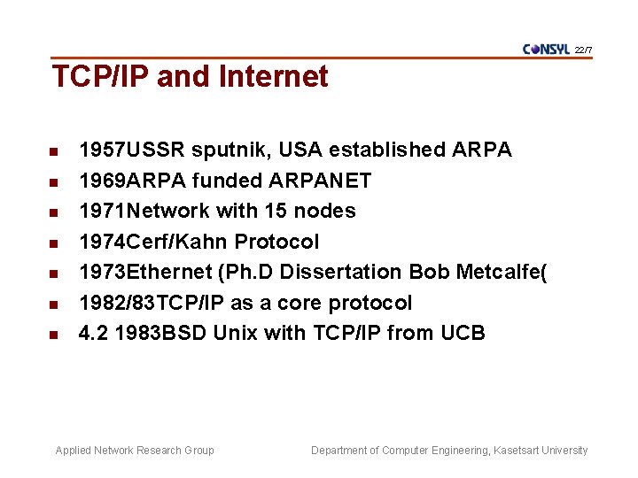 22/7 TCP/IP and Internet n n n n 1957 USSR sputnik, USA established ARPA