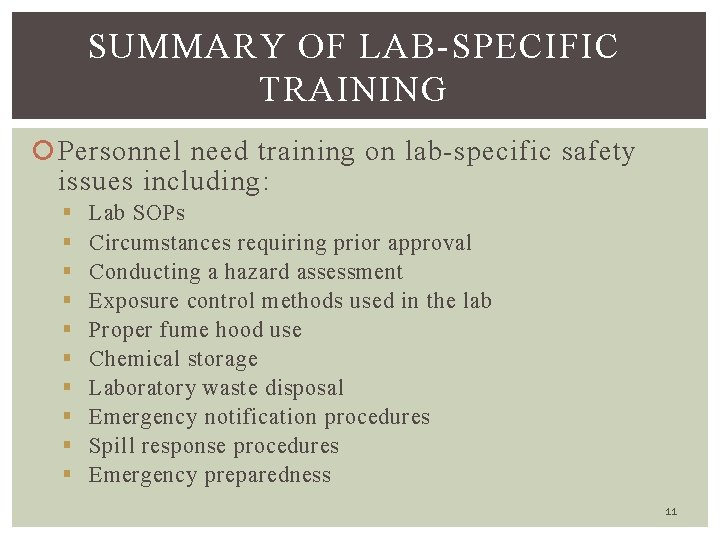 SUMMARY OF LAB-SPECIFIC TRAINING Personnel need training on lab-specific safety issues including: § §