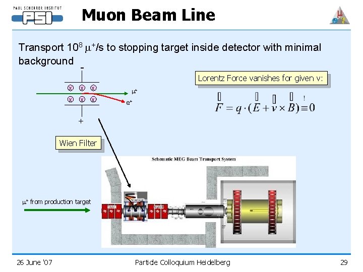 Muon Beam Line Transport 108 m+/s to stopping target inside detector with minimal background