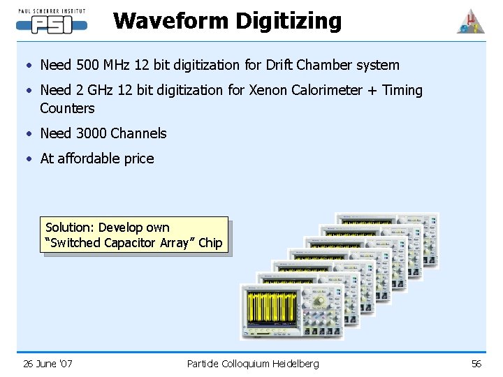 Waveform Digitizing • Need 500 MHz 12 bit digitization for Drift Chamber system •
