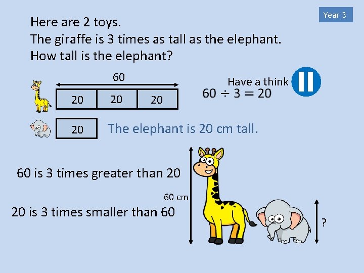 Here are 2 toys. The giraffe is 3 times as tall as the elephant.