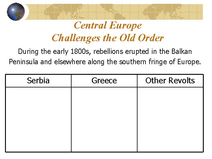 Central Europe Challenges the Old Order During the early 1800 s, rebellions erupted in